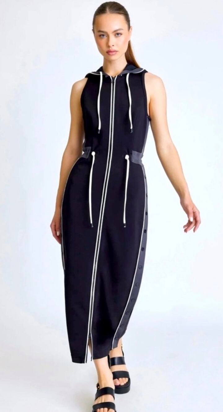 Blanc Noir Black Hooded Scuba Vista Track Dress Two Way Zipper Front - X Small
